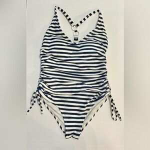 Kona Sol Blue and White One Piece Swimsuit with V-Neckline